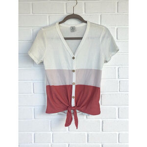 Paper Crane Women Small Colorblock Tie Front V-Neck Button Down Waffle Knit Top
